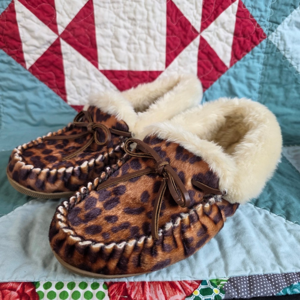 J.Crew Leopard Print Faux Fur Moccasin Slippers AF727 Brown‎ Size 10